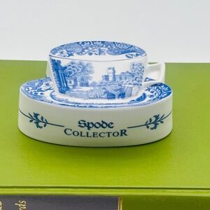 Spode Blue Italian Collector Paperweight in Teacup Form Display RARE